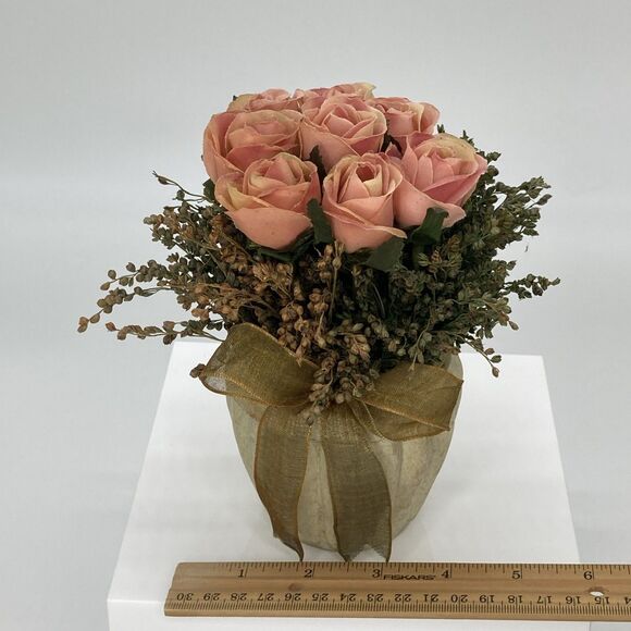 Pink Rose Arrangement Vase with Gold Ribbon Romantic Cottage Shabby Chic - Picture 9 of 9